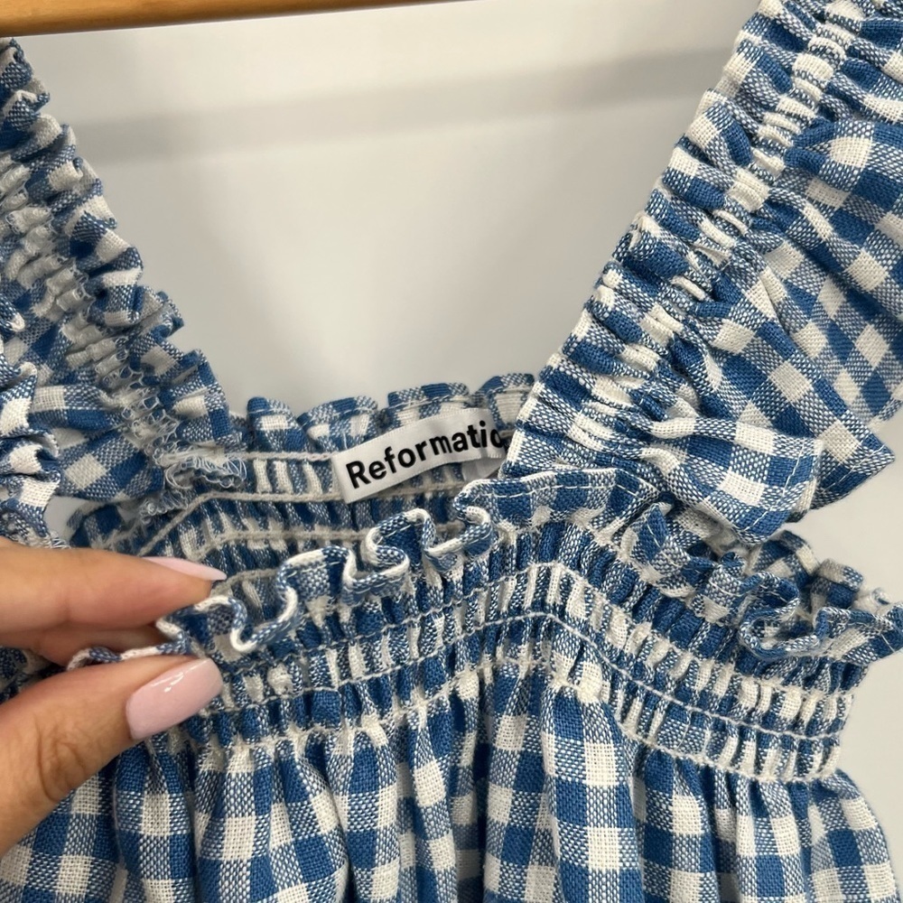Reformation Albany Checkered Dress Blue white linen ruffle mini nap Gingham - Picture 4 of 5